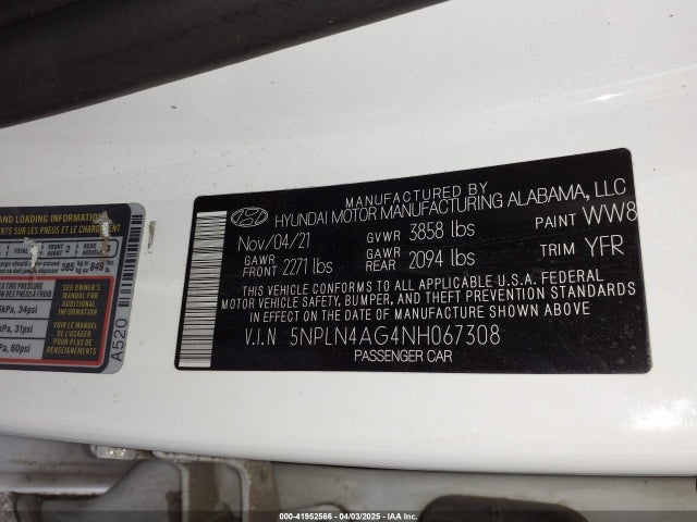 5NPLN4AG4NH067308 Hyundai ELANTRA SEL