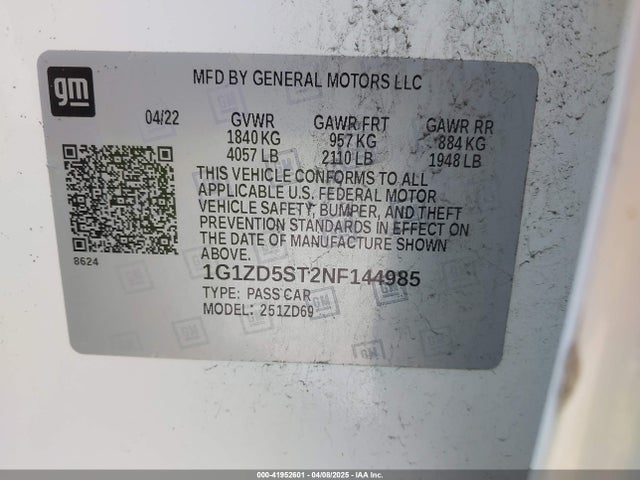 1G1ZD5ST2NF144985 Chevrolet Malibu Fwd Lt