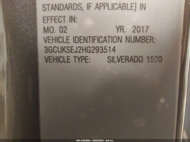 41952604 :رقم المزاد ، 3GCUKSEJ2HG293514 vin ، 2017 Chevrolet Silverado 1500 1lz مزاد بيع