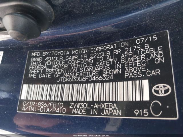 JTDKN3DU6F0466324 Toyota Prius Three