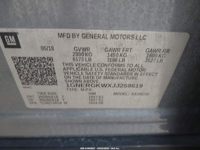 1GNERGKWXJJ259619 Chevrolet Traverse 1lt