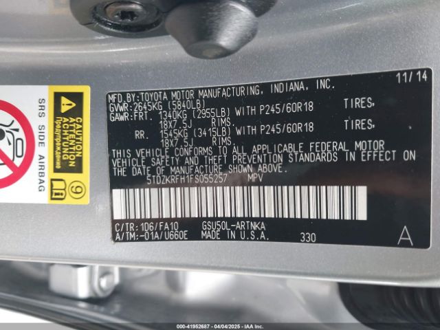 5TDZKRFH1FS055257 Toyota Highlander Le Plus V6