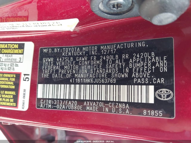 4T1B11HK6JU563769 Toyota CAMRY LE