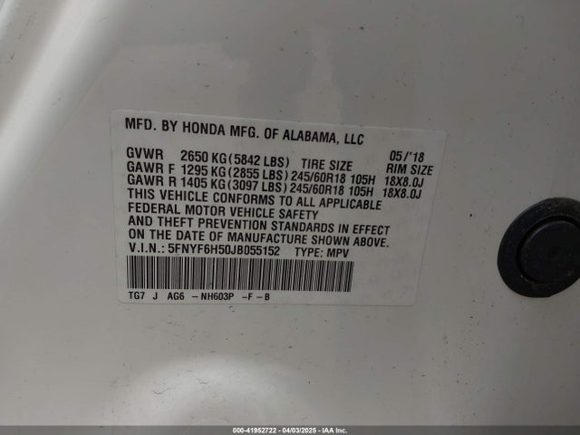 5FNYF6H50JB055152 Honda Pilot Ex-l