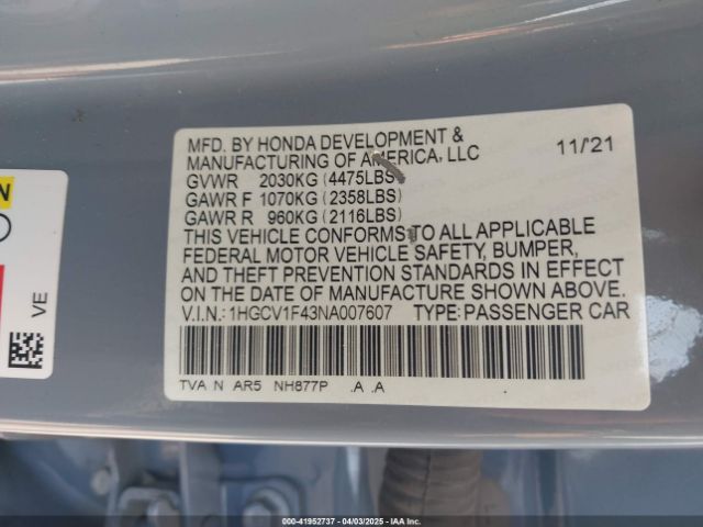 1HGCV1F43NA007607 Honda Accord Sport Special Edition