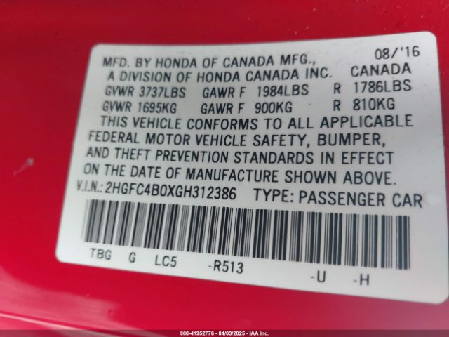 2HGFC4B0XGH312386 Honda Civic Lx-p