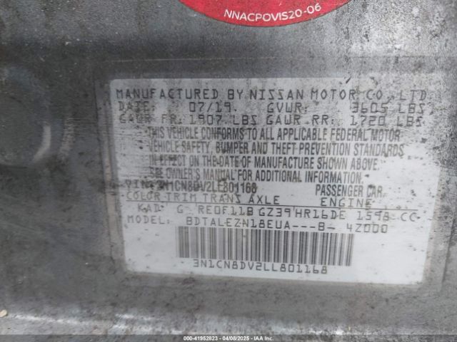 3N1CN8DV2LL801168 Nissan Versa S Xtronic Cvt