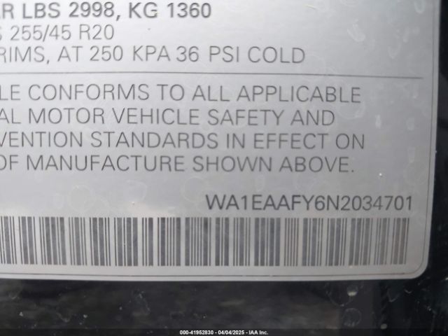 WA1EAAFY6N2034701 Audi Q5 Premium Plus 45 Tfsi S Line Quattro S Tronic