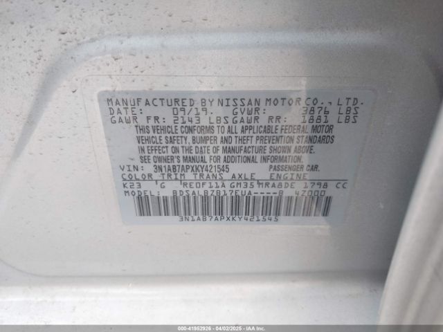 3N1AB7APXKY421545 Nissan SENTRA S