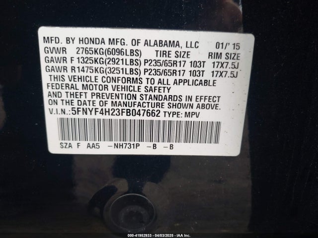 5FNYF4H23FB047662 Honda PILOT LX