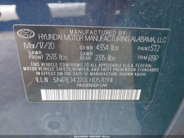 5NPEJ4J20LH051094 Hyundai Sonata Sel Plus