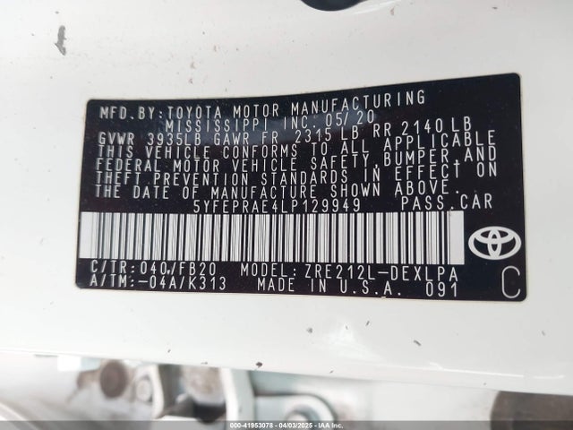 5YFEPRAE4LP129949 Toyota COROLLA LE