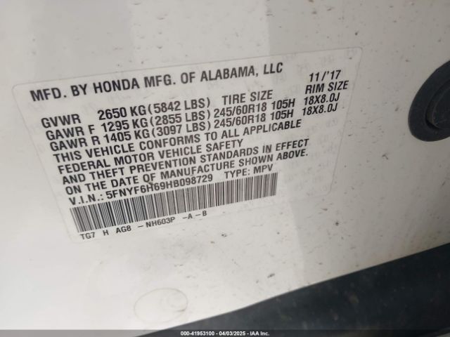 5FNYF6H69HB098729 Honda Pilot Ex-l