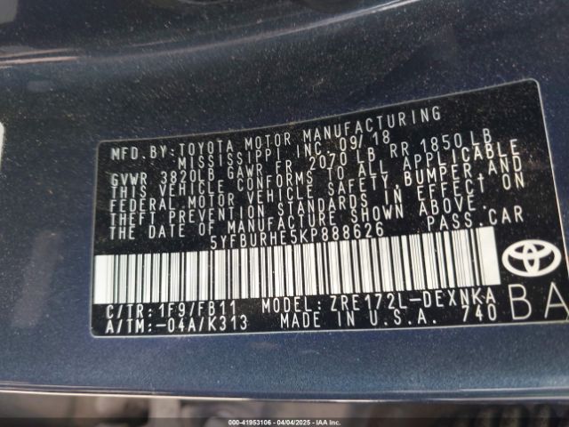 5YFBURHE5KP888626 Toyota COROLLA LE