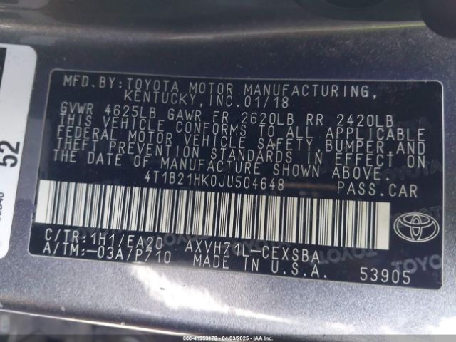 4T1B21HK0JU504648 Toyota Camry Hybrid Se
