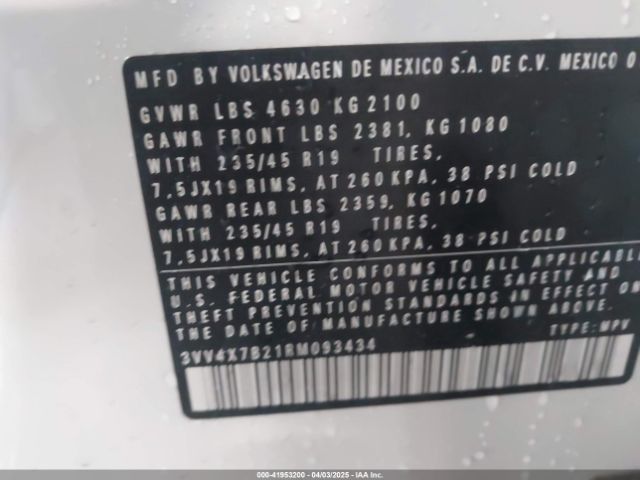 3VV4X7B21RM093434 Volkswagen Taos 1.5t Sel