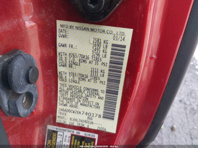 1N6AD0CW2EN740178 Nissan Frontier Sv