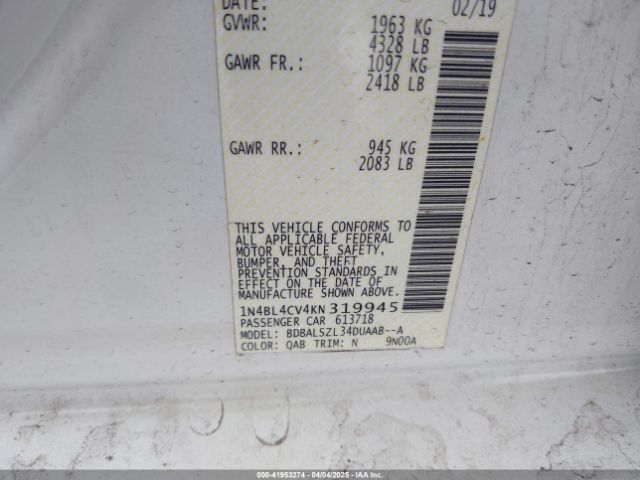 1N4BL4CV4KN319945 Nissan Altima 2.5 Sr