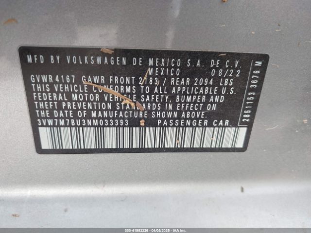 3VW7M7BU3NM033393 Volkswagen Jetta 1.5t Se