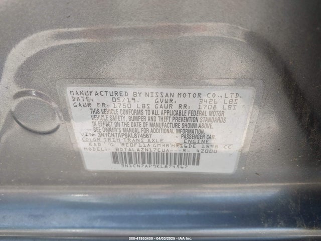 3N1CN7AP9KL874567 Nissan Versa 1.6 S+