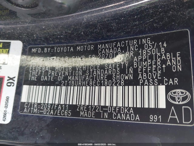 Toyota COROLLA L 2014 2T1BURHE8EC180228 Image 9