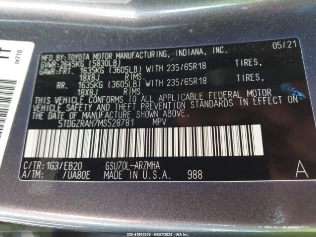 5TDGZRAH7MS528781 Toyota Highlander Xle