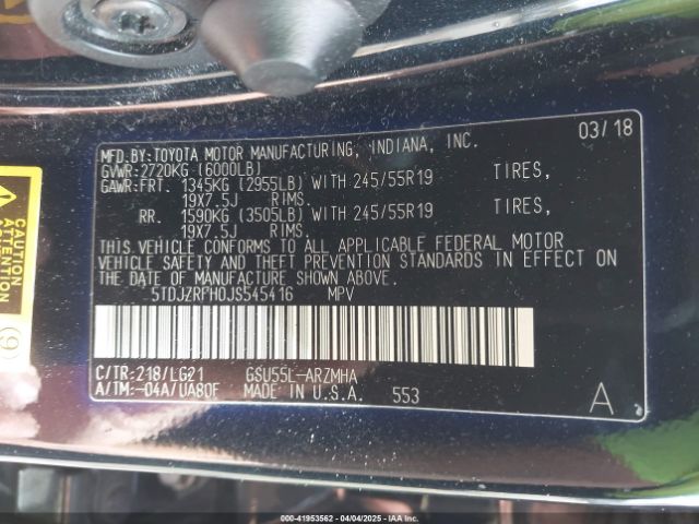 5TDJZRFH0JS545416 Toyota Highlander Se