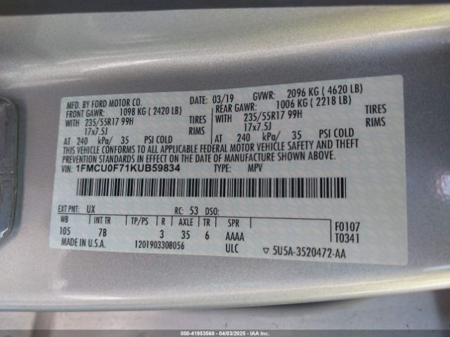 1FMCU0F71KUB59834 Ford ESCAPE S