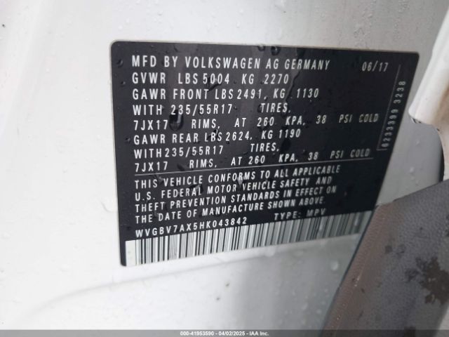 WVGBV7AX5HK043842 Volkswagen Tiguan 2.0t/2.0t S