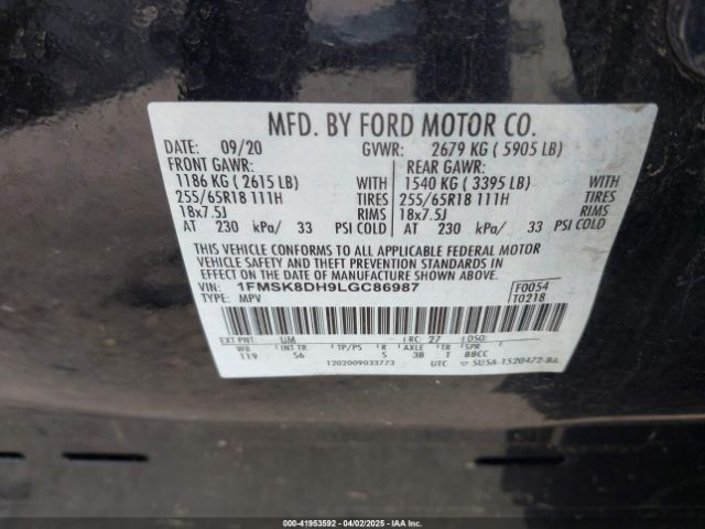 1FMSK8DH9LGC86987 Ford EXPLORER XLT