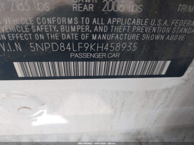 5NPD84LF9KH458935 Hyundai ELANTRA SEL