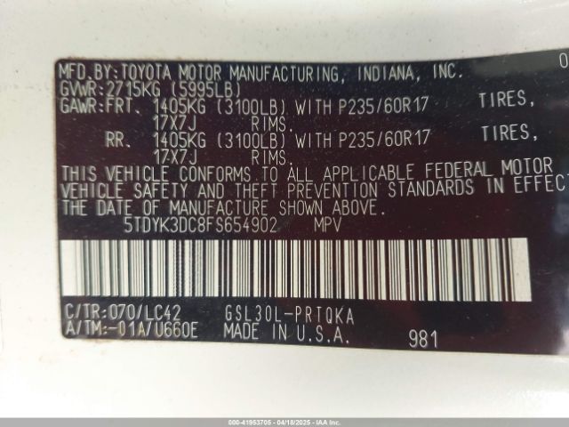 5TDYK3DC8FS654902 Toyota Sienna Xle Premium 8 Passenger