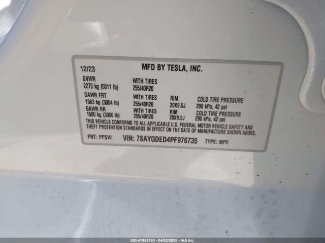 7SAYGDED4PF976735 Tesla Model Y Rwd