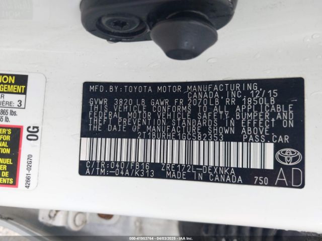 2T1BURHE1GC582353 Toyota COROLLA LE