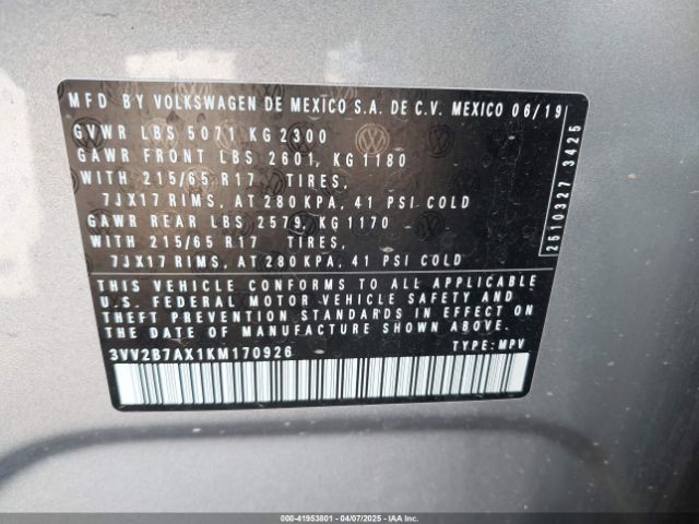 3VV2B7AX1KM170926 Volkswagen Tiguan 2.0t Se/2.0t Sel/2.0t Sel R-line/2.0t Sel R-line Black