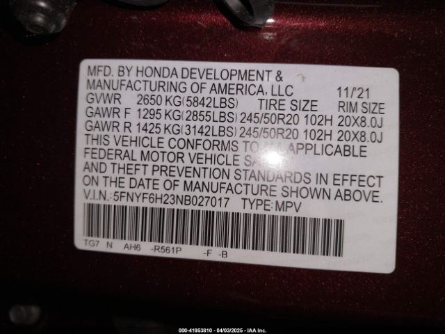 5FNYF6H23NB027017 Honda Pilot Awd Special Edition