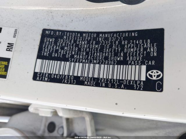 5YFEPMAE3MP228962 Toyota COROLLA LE