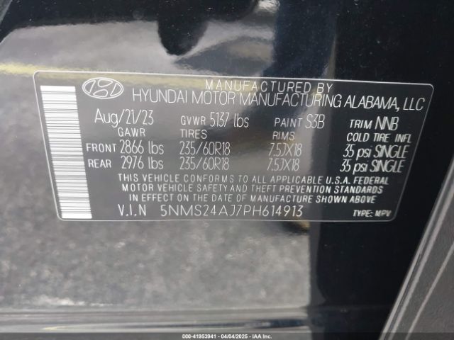 5NMS24AJ7PH614913 Hyundai Santa Fe Sel