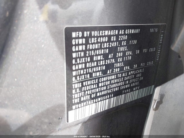 WVGBV7AX9GW550914 Volkswagen TIGUAN S