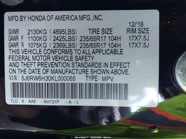5J6RW6H30KL000065 Honda CR-V LX