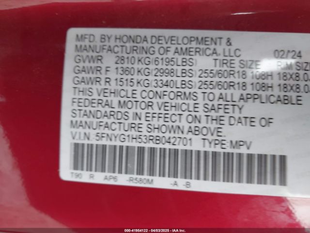 5FNYG1H53RB042701 Honda Pilot Ex-l 7 Passenger