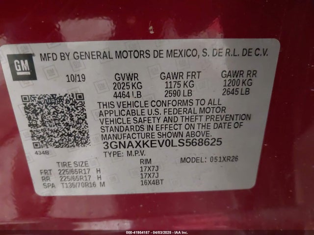 3GNAXKEV0LS568625 Chevrolet Equinox Fwd Lt 1.5l Turbo