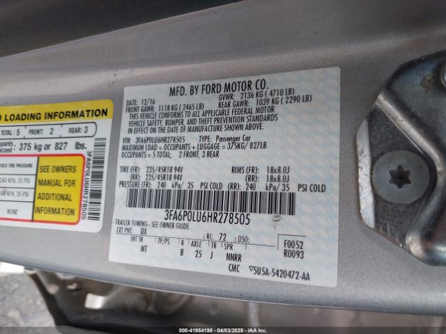 3FA6P0LU6HR278505 Ford Fusion Hybrid Se