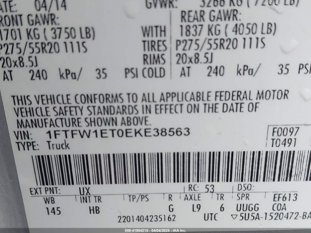 1FTFW1ET0EKE38563 Ford F-150 Lariat