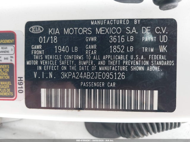 3KPA24AB2JE095126 KIA RIO S