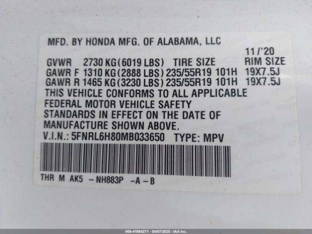 5FNRL6H80MB033650 Honda Odyssey Touring