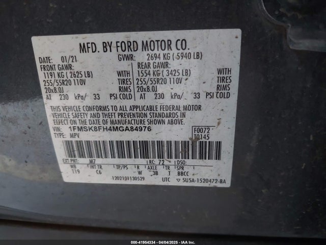 1FMSK8FH4MGA84976 Ford Explorer Limited