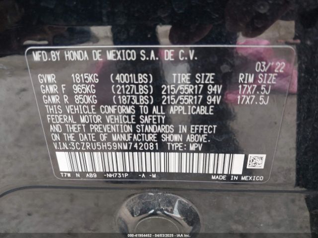 3CZRU5H59NM742081 Honda Hr-v 2wd Ex
