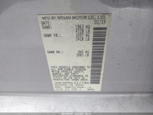 Nissan Altima 2.5 S 2019 1N4BL4BV9KN317786 Image 9