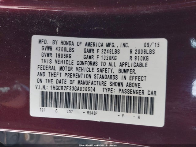 1HGCR2F33GA030504 Honda ACCORD LX